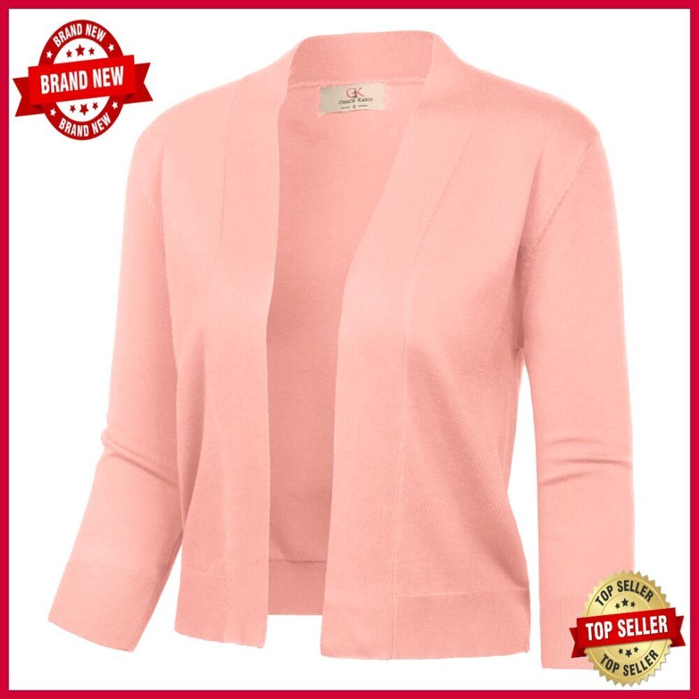 Slim Fit Cropped Cardigan Open Front 3/4 Sleeve Knit Sweater S-3XL